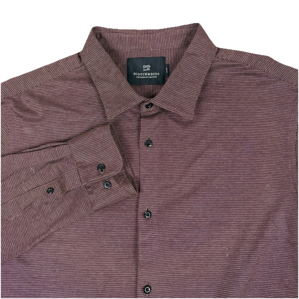 Scotch Soda Amsterdam Couture Mens XL Red Brown Micro Print‎ Button Shirt Cotton